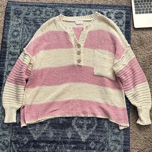 Pink Lily Buttoned Pink and Cream Sweater